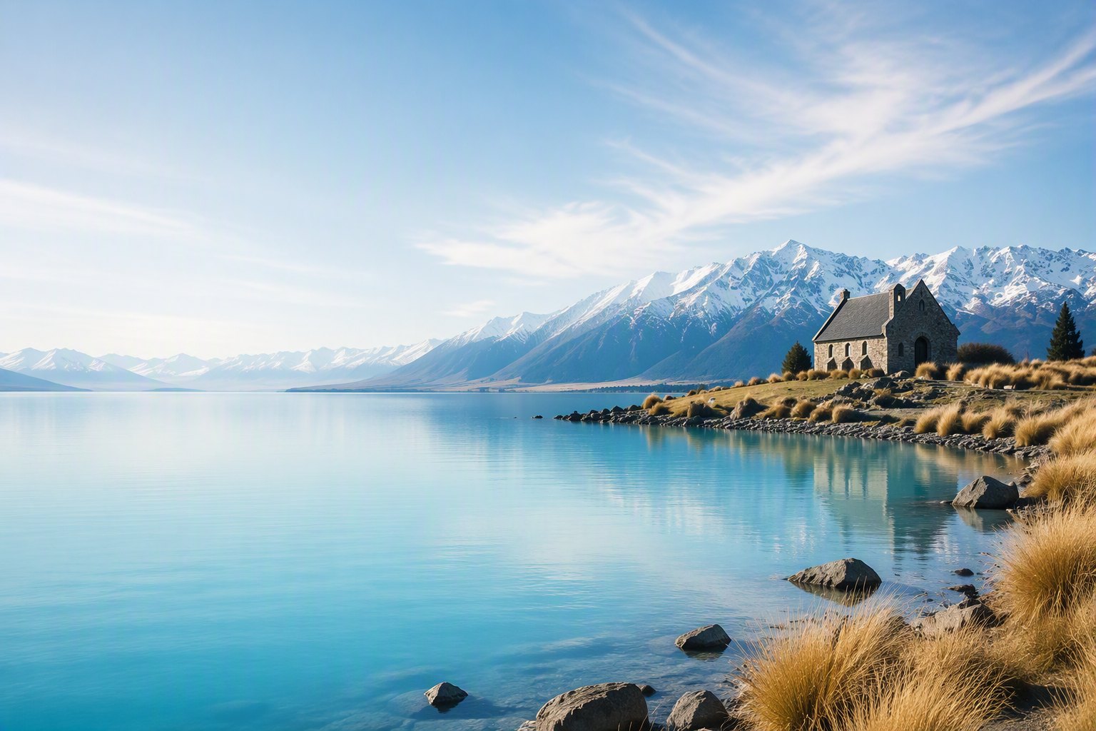 Calm turquoise Lake Tekapo with the Church of the Good Shepherd and the Southern Alps