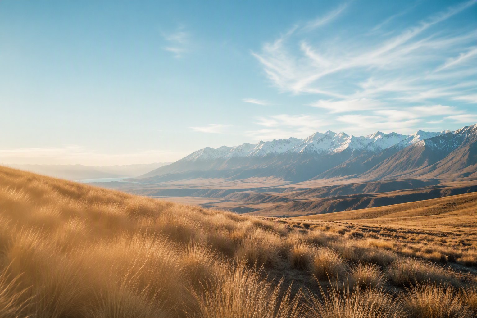 Golden New Zealand high-country tussock leading to snow-dusted Southern Alps under a clear sky