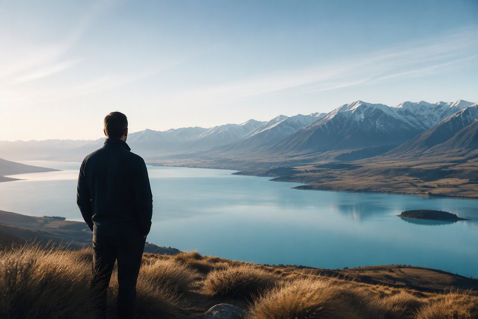 A person looking out over a calm New Zealand high-country lake and the Southern Alps