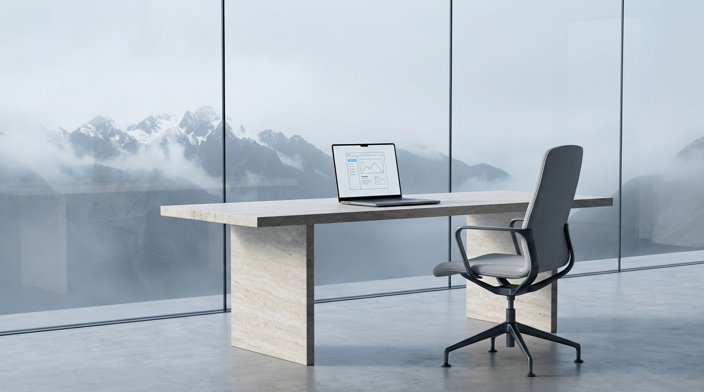 Minimalist office workspace with a laptop overlooking misty New Zealand mountains